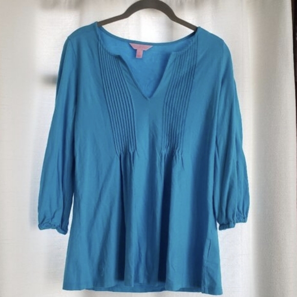 Lilly Pulitzer Braylen Pleated V-Neck Tunic Small Top Tunic Lilly's Blue Pin - Picture 2 of 7